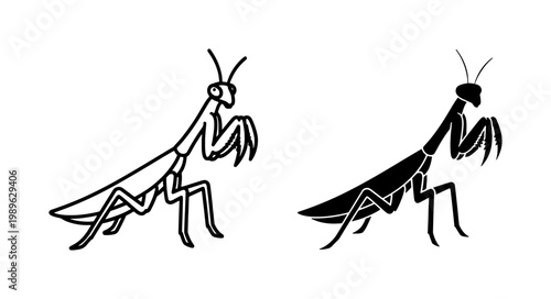 Praying Mantis Insect Outline and Black Silhouette Set