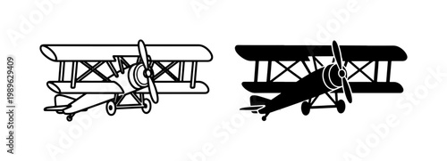 Vintage Biplane Icon Set with Outline and Silhouette