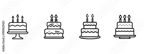Birthday cake web line icons set festive party dessert sweet bakery food with candles celebration symbols & more vector illustration on editable stroke