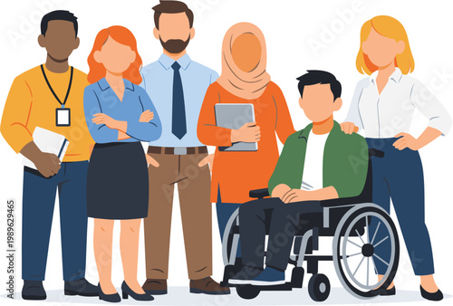 Inclusive business team with wheelchair employee flat vector illustration