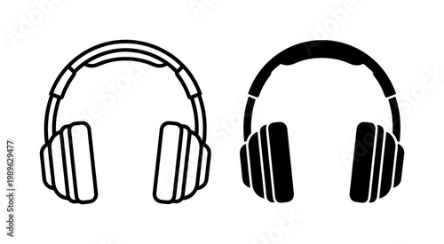 Headphones icon set in black outline and solid silhouette