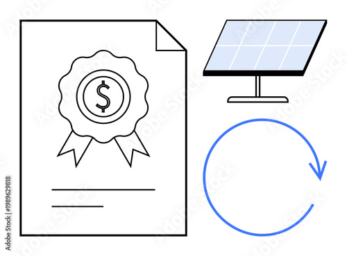 Renewable energy, cost efficiency, sustainability, green technology, investment benefits, eco-friendly practices. Certificate with dollar sign, solar panel and circular arrow. Renewable energy