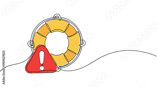 Continuous line drawing of lifebuoy with warning exclamation symbol.