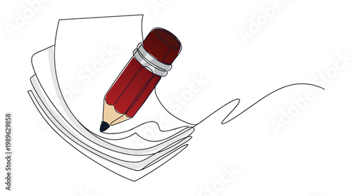 Red pencil drawing on sheets of paper one line continuous art style.