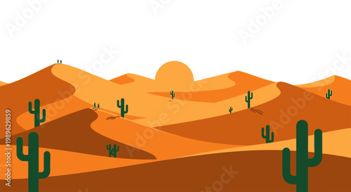 A minimalist desert landscape featuring cacti dunes and a vibrant sun