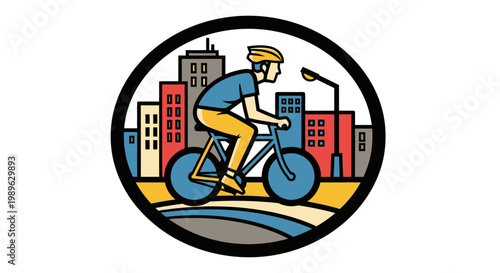 Man Cycling in an Urban Cityscape with Buildings, Featured in a Circular Icon Design