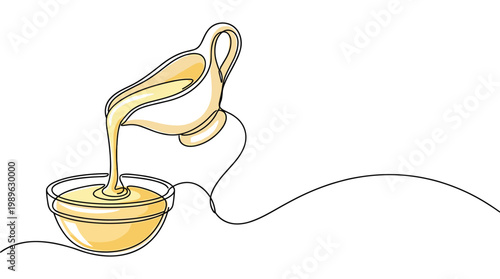 Golden honey pouring from pitcher into bowl single line art.