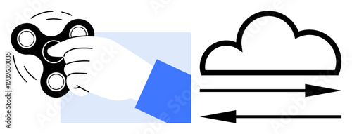 Stress relief, relaxation, focus, productivity, cloud storage, data transfer. Hand holding a spinning fidget spinner and a cloud with arrows indicating movement. Stress relief and data transfer