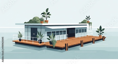 Modern floating house on serene water.