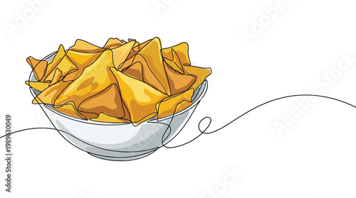 Bowl of nachos chips continuous one line drawing on transparent theme.