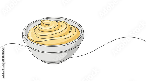 Creamy mayonnaise in bowl single line drawing, condiment illustration.