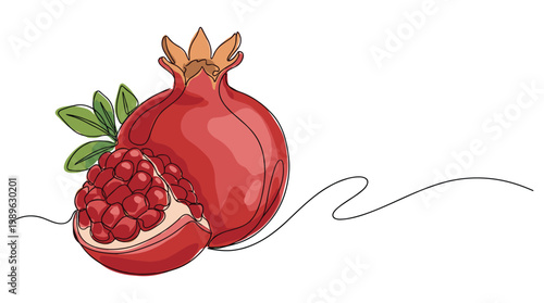 Pomegranate fruit cut open showing seeds and leaves isolated.