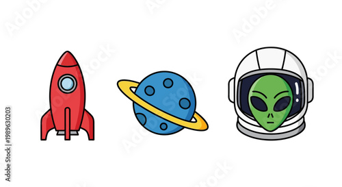 Cartoon rocket planet with rings and alien astronaut illustration