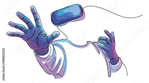 VR headset and hands reaching out immersive virtual reality.