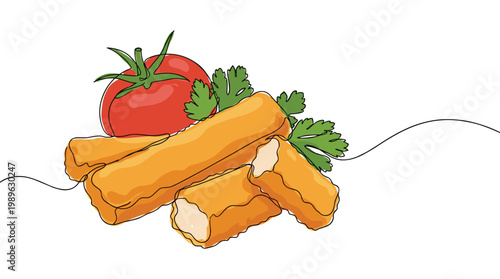 Fried fish sticks with tomato and parsley on transparent background.