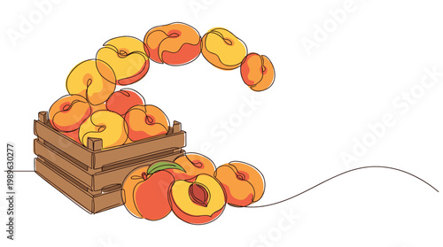 Peach harvest spilling from wooden crate onto background.