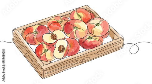Wooden crate full of fresh peaches and one cut peach.