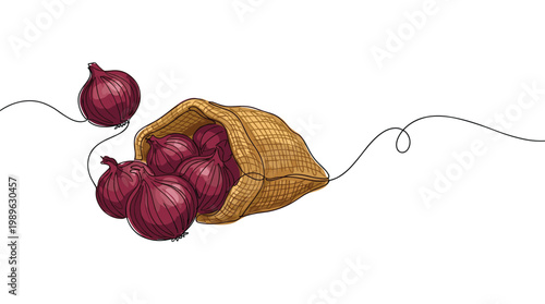 One line drawing of purple red onions spilling out from burlap sack.