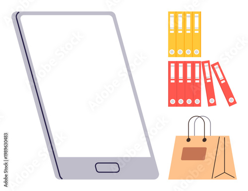 Technology, office organization, online shopping, retail, digital tasks, productivity. Smartphone with blank screen, colorful file folders and paper shopping bag. Technology and office organization