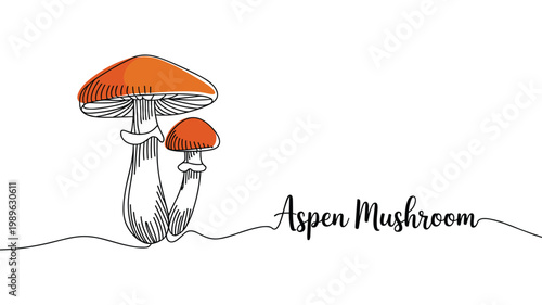 Aspen mushroom continuous line drawing orange cap fungi illustration.