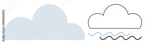 Weather, climate change, meteorology, environment, forecasting, sustainability. A solid blue cloud and an outlined cloud with wavy lines beneath. Weather and climate change