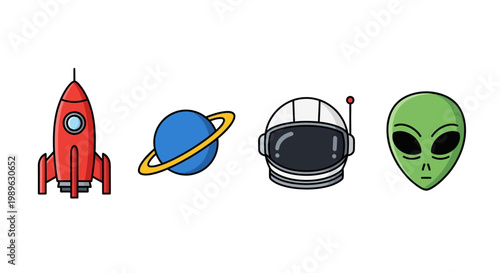 Cartoon icons depict space exploration with a rocket planet astronaut and alien