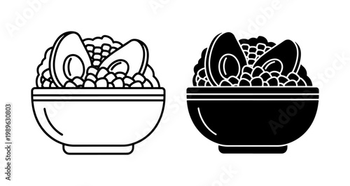 Healthy Avocado Poke Bowl Icon Set