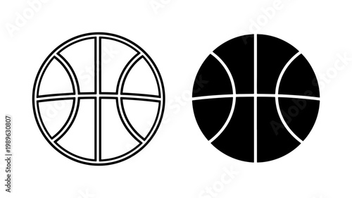 Basketball icon set with outline and solid black silhouette
