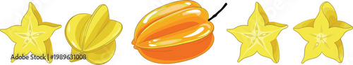 Valokuva Carambola starfruit vector set with whole fruit slices and different angles trop