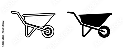 Wheelbarrow line and silhouette icons for gardening work