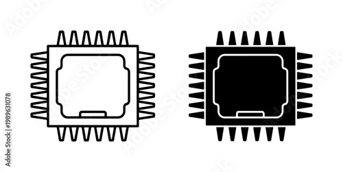 Computer Processor Chip Outline and Solid Vector Icons