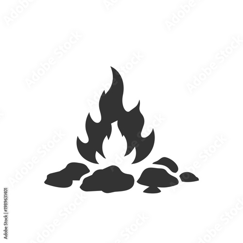 A simple black silhouette icon of a campfire with flames rising from a pile of logs or embers on a white background.