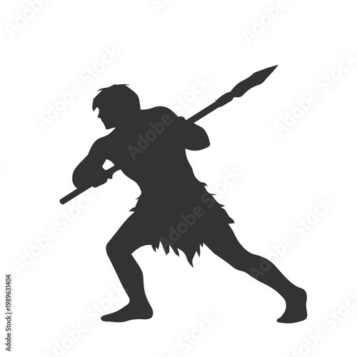 Silhouette of a primitive man or caveman holding a spear in a hunting stance.