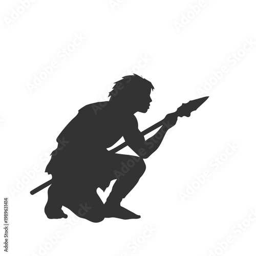 Silhouette of a primitive hunter crouching with a spear, ready to strike.