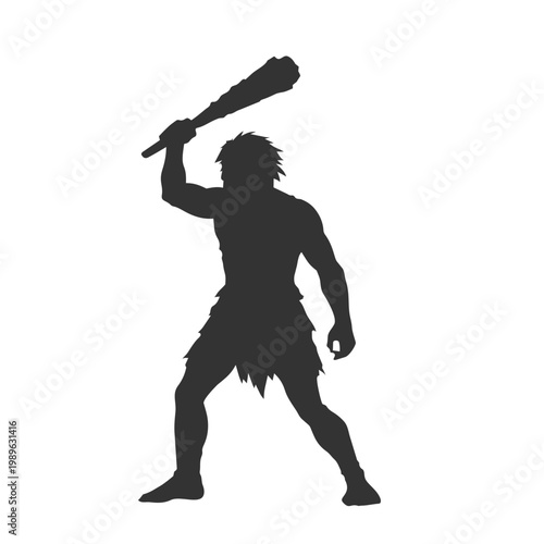 Silhouette of a prehistoric caveman holding a large club, ready to strike, depicted against a white background.