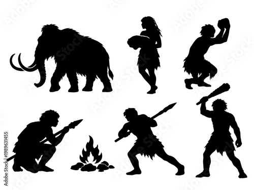 Silhouettes of prehistoric cavemen, a woman, and a mammoth, depicting ancient human life and hunting scenes.