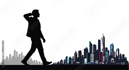 Silhouette of a man walking towards a city skyline representing ambition and career growth.