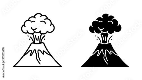 Volcano Eruption Icon Set with Smoke and Lava