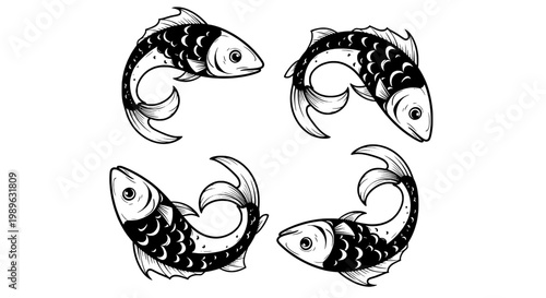 Fish hand drawn set with swirling fins and detailed scales, monochrome ink style for marine icons and tattoos
