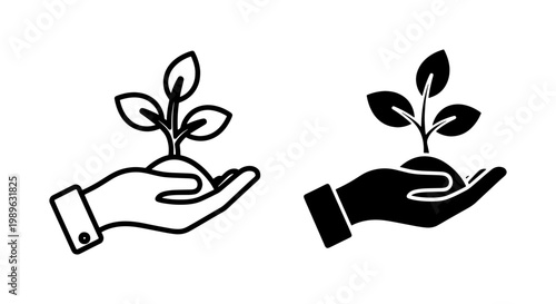 Hand holding small plant seedling icon set