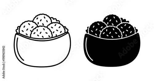 Japanese Onigiri Rice Balls in Bowl Vector Icon Set