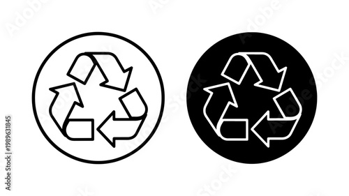 Recycle symbol icons in black and white circle frames