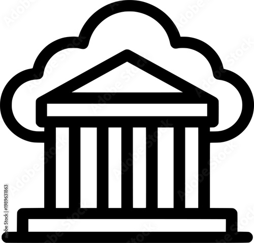 Digital Landmark Icon: A minimalistic vector illustration of a classical building merges seamlessly with a cloud symbol, symbolizing the fusion of history and modern technology.
