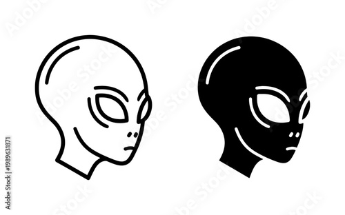 Alien Head Icon Set in Outline and Solid Black Style