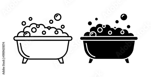 Bathtub with Foam Bubbles Line and Silhouette Icon Set