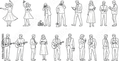 Continuous line drawing people set with musicians singers dancers and business characters minimal outline human figures vector illustration collection