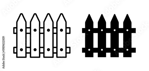 Wooden picket fence line and silhouette icon set