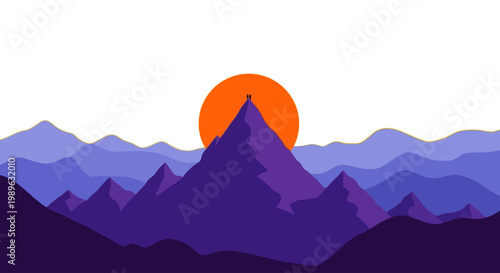 Minimalist landscape featuring a silhouetted mountain and a vibrant sunset