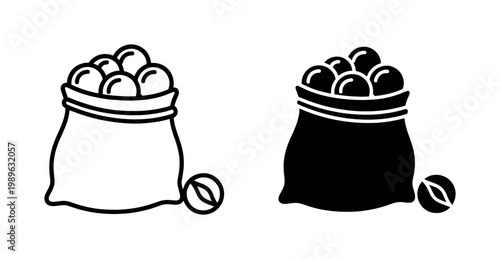 Coffee bean sack icon set in outline and silhouette style