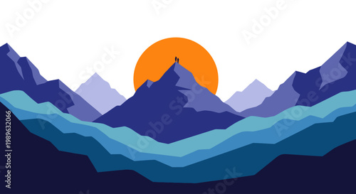 Silhouetted figures stand atop a mountain peak under a large orange sun